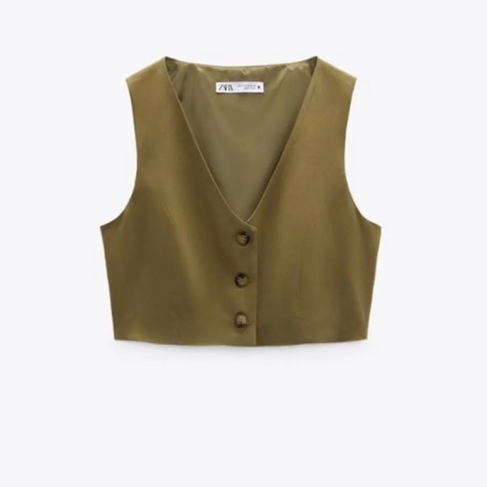 ZARA‎ Linen Blend Cropped Vest XS Green